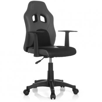 hjh OFFICE 670740 Silla para jovenes o niños TEEN GAME AL Piel sintética y Tejido Negro/Gris, Silla giratoria, Ajuste de altura, Diseño de carreras