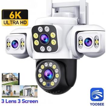 Cámara de Seguridad Exterior WiFi 6K 12MP con Tres Pantallas, Tres Lentes y PTZ 360° - Vigilancia CCTV Yoosee 4k