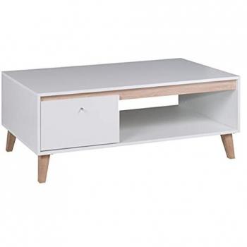Mesa de centro escandinava Providence D113, Aglomerado laminado, Mate blanco y Roble San Remo claro, 120 x 65 x 47 cm