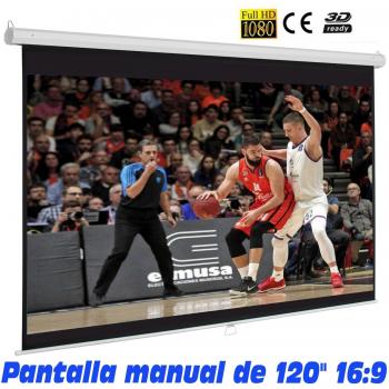 Pantalla de proyeccion Manual Luxscreen 120 Pulgadas Formato 16:9 , área Visible Blanca 264 x 150cm , cajetin de 2,83 Metros