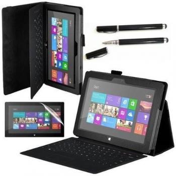 NAUC® - Funda con tapa de piel sintética y función atril combina protección y diseño para tu Microsoft Surface Pro 4, color negro Microsoft Surface RT Schwarz + Folie & Pen