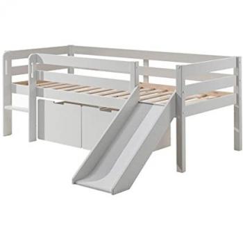 Cama de media altura Vipack Pino 90x200 cm con tobogán, somier y 2 cajones, fabricada en Europa