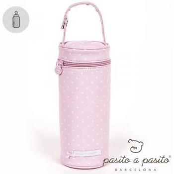 Pasito a Pasito - Funda para biberón Atelier en polipiel rosa con topito blanco
