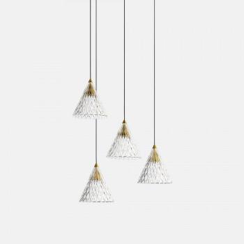 Suspensión Veneto Acero Oro 600 Cm - Colgante de techo de racimo con 4 luces LED, acabado en oro blanco mate, atenuación Dali, diámetro de 31 cm, flujo luminoso de 2075 lm