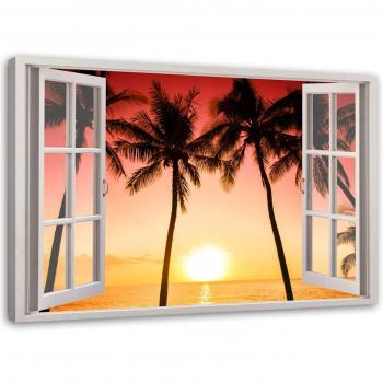 Impresión en lienzo, Ventana - sol y palmeras 60x40 rosa