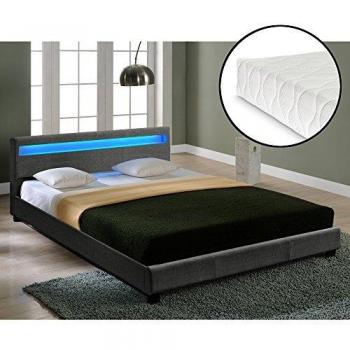 Cama Doble Tapizada en Tela con LED y Colchón 140x200cm Gris Oscuro Corium modelo Skagen