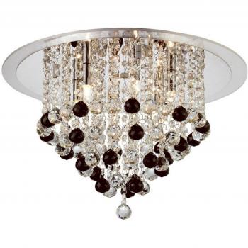 Plafón de diseño Atla 4 Bulbos cromo pulido, techo al ras, moldura acrílica, cristal, incluye 17 esferas de cristal negro adicionales