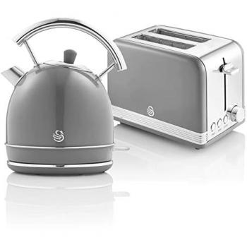 Swan Retro Set Desayuno Hervidor de Agua 1,8L Inalámbrico con Resistencia de Acero Inoxidable y Tostadora Pan Ranura Ancha 2 Rebanadas con Regulador 6 N