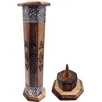 Quemador de Incienso (incensario) Torre de Madera Tallada artesanalmente en India, con Decorados en latón - Exclusivo y único diseño. 30x8x8 cm - Peso 280 g. Porta Incienso Madera.