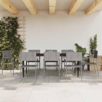 9 Piece Gray and Black Poly Rattan and Steel Garden Dining Set