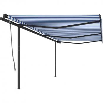 Toldo retráctil automático con postes azul y blanco 6x3 m
