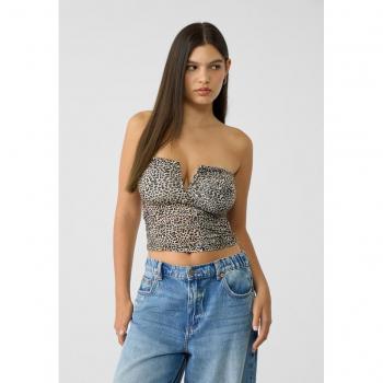 Beige Draped Leopard Print V-Neck Crop Top - Size L