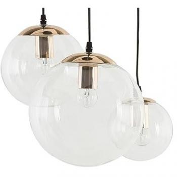 Lámpara colgante moderna Ladon de 3 luces con pantallas esféricas de cristal transparente y detalles en metal dorado