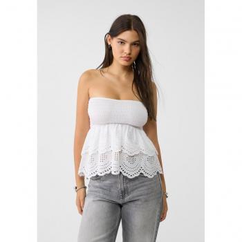 Stradivarius Embroidered Ruffled Bandeau Top White M