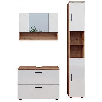 Conjunto de muebles de baño Irma, 3 piezas, Blanco brillo intenso/Roble dorado, mueble bajo 80 cm