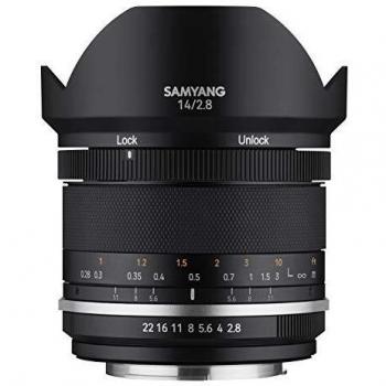 Objetivo Samyang 14mm f/2.8 MK2 para montura Fuji X, óptica gran angular, enfoque manual, apertura de diafragma de f/2.8, diseño compacto y ligero, ideal para paisajes y