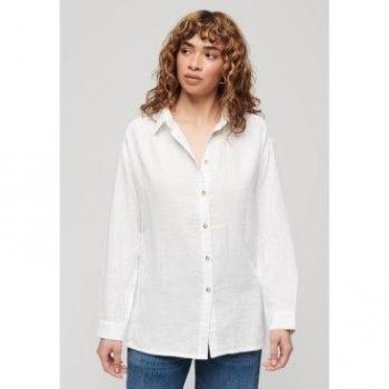 Superdry Women's Longline Beach Shirt White L, Casual Cotton, Long Sleeve