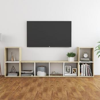 vidaXL Mueble de salón 3 piezas madera de ingeniería y aglomerado blanco y roble Sonoma, incluye mueble TV, mesa de TV y mueble tele
