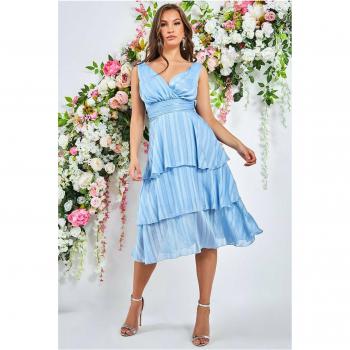 Goddiva Tiered Chiffon Midi Dress - Powder Blue - Size 16 UK