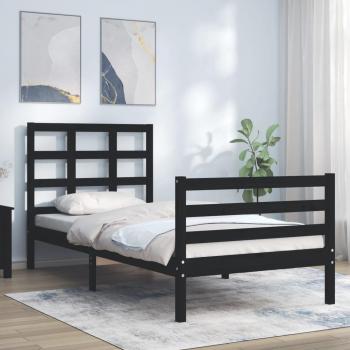 Cama individual de madera maciza con cabecero en negro de 90x200 cm