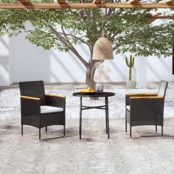 3-Piece Black Poly Rattan Garden Dining Set with Round Table and 2 Chairs