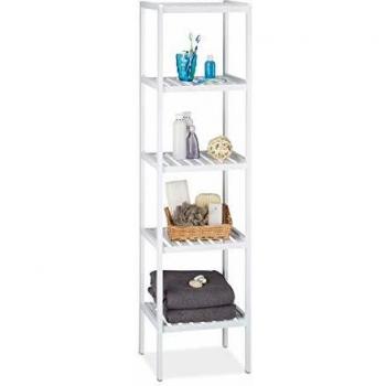 Estantería de baño de bambú Relaxdays con 5 estantes, blanca, dimensiones 139,5 x 34,5 x 33 cm, mueble multifuncional para cocina y baño