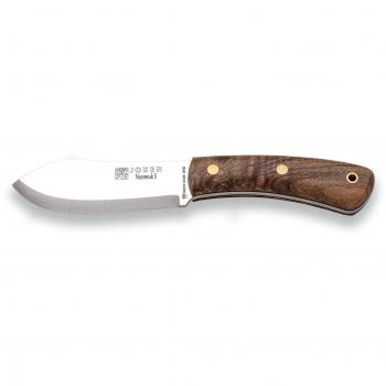 Cuchillo de Caza Joker Nessmuk S CN132-P, Mango de Nogal, Hoja Sandvik 14C28N de 11 cm, con Pedernal y Funda de Cuero Marrón para Pesca, C