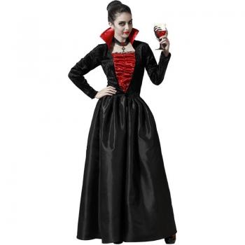 Disfraz de Vampiresa Gótica para mujer Atosa - Incluye vestido largo negro con detalles en encaje, capa roja, corsé ajustable y accesorios como colmillos y joyería