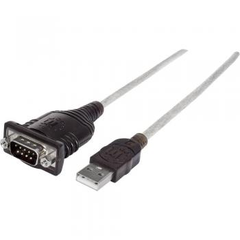 Manhattan USB-A to Serial Converter Cable, 45cm, Male to Male, Serial/RS232/COM/DB9, Prolific PL-2303RA Chip, Equivalent to Startech ICUSB232V2, Black/Silver