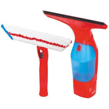 Vileda Windomatic Set Aspirador de ventanas y mopa de microfibras con spray, limpiacristales con cuello flexible y pulverizador con mopa, batería extra duradera, medidas 17.5 x 12 x 32 cm, color rojo