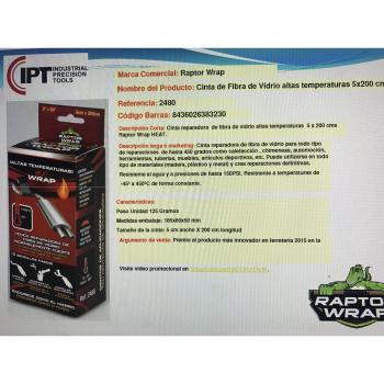 Raptor Wrap 2480 - Cinta Reparadora - 2 Metros x 5 Centímetros - Venda de Fibra De Vidrio - Altas Temperaturas - Motor - Calefacción - Chimeneas - Tubo de Escape - Fontanería - Automoción
