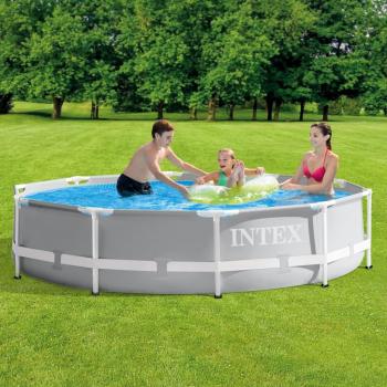 Conjunto de piscina Prism Frame Premium 305x76 cm Intex, estructura metálica resistente, liner de PVC duradero, fácil montaje sin herramientas, incluye depuradora de cartucho y escalera