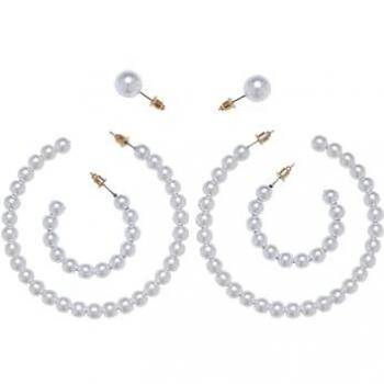 Urban Classics Unisex Pearl Hoop Earrings 3-Pack - White/Gold