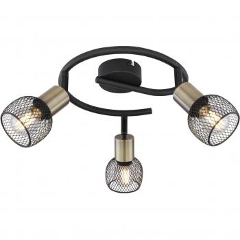 Lámpara de Techo Plafón Fiastra 3 Luces Negro/Latón Antiguo con Regleta Circular y Focos E14 en Metal Negro Mate