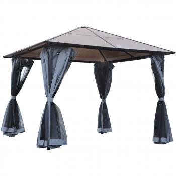 Outsunny Cenador de Jardín 3x3 m Pabellón de Exterior con Techo de Policarbonato 4 Cortinas Laterales y 4 Mosquiteras con Cremalleras Marco de Metal para