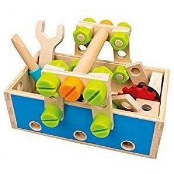 Caja de herramientas de madera para niños, 50 piezas, incluye accesorios y figuras, fomenta la motricidad fina