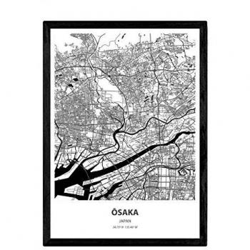 Póster Mapa de Osaka, Japón - Lámina de Ciudad Asiática con Mares y Ríos en Color Negro, Tamaño A3 Sin Marco