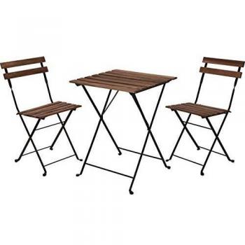 Conjunto Bistro de 3 Piezas con Mesa Cuadrada de Madera y Metal 60x60 cm y 2 Sillas Plegables de Madera y Metal 55x54 cm