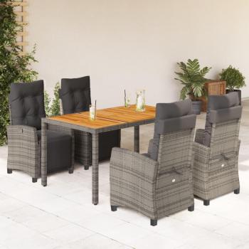 5-Piece Grey Poly Rattan Garden Dining Set with Cushions