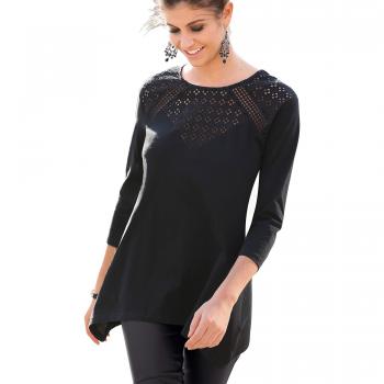 VENCA Camiseta Escote Redondeado con Pieza de Bordado Suizo en el Pecho by Vencastyle,Negro,3XL