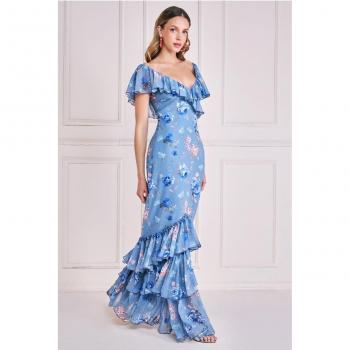 Goddiva Floral Printed Chiffon Ruffle Maxi Dress - Blue