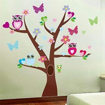 Cute Owlets On Tree Pegatinas de pared para habitación de niños Dormitorio Decoración del hogar Animales de dibujos animados Mural Art Pvc Tatuajes de pared 100 * 93 cm