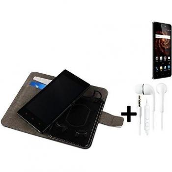 TOP SET: Funda para el Allview X3 Soul Lite + auriculares, Walletcase hecho de cuero sintético en negro, monocromático y simple. Bolsillo para el teléfono móvil con ranuras para tarjetas de crédito y la función del soporte. BookStyle bisagras de la 