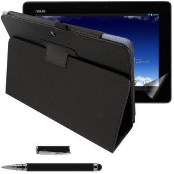 kwmobile 3en1:Elegante funda de cuero sintético para Asus Memo Pad 10 en negro con una práctica FUNCIÓN DE SOPORTE + Lámina, transparente + Stylus, negro