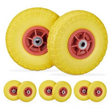 Ruedas de Carro Antipinchazos Macizas 4.10/3.50-4, Eje 16 mm, hasta 150 kg, 260x85mm, Amarillo y Rojo - Pack de 8