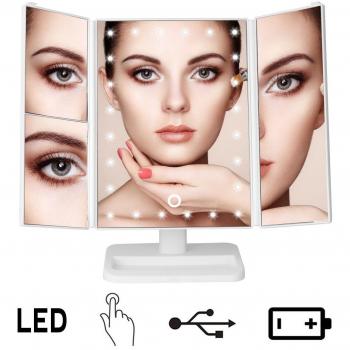 Espejo Maquillaje LDE / Espejo Maquillaje con Luz Plegable 24 Lámpara LED Carga USB o Batería Ajustable 180° Tríptico de Pantalla Táctil con Aumentos 1x, 2x, 3x Regalo Perfecto para Mujeres - Uvistar