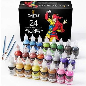 Castle Art Supplies Juego de pintura en lienzo en 3D. 24 botellas de 29ml de colores brillantes para ropa, lienzo, vidrio y madera. No es tóxico. Seguro para niños