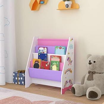 Estantería Organizadora para Niños Fisterra de 4 Niveles con Motivo de Unicornio, Aglomerado/Poliéster, 74 x 62 x 29 cm, Multicolor