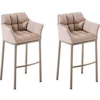 Set de 2 taburetes de bar Damaso en tela marfil con base de 4 patas y estructura de acero inoxidable