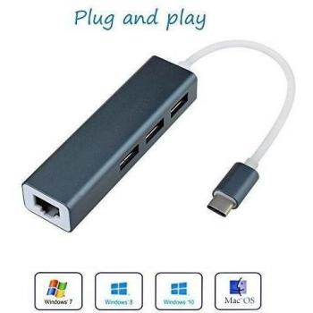 USB C Hub Ethernet a USB 3.0 de 3 puertos 10/100/1000 Gigabit Ethernet adaptador de red Adaptador Conector Type C Hub para New MacBook, MacBook Pro 2016, Google Chromebook Pixel 2015, etc.